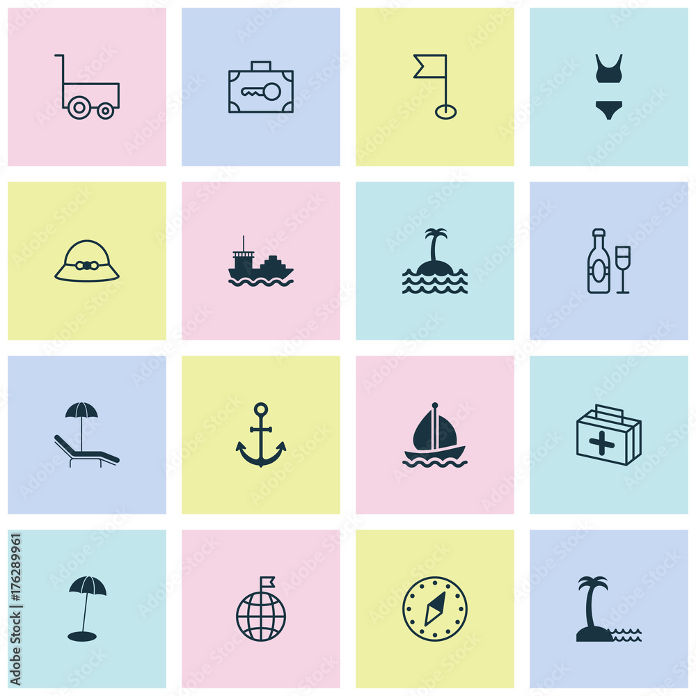 Travel Icons Set. Collection Of Coast Parasol, Security Baggage, Reef And  Other Elements. Also Includes Symbols Such As Safe, Anchor, Medicine. Stock  Vector | Adobe Stock