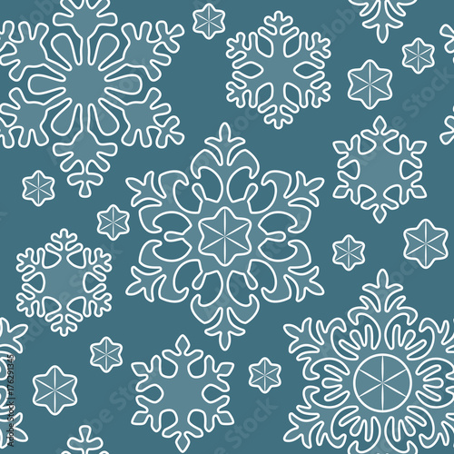 Seamless winter pattern, white lace snowflakes, Christmas and New Year background, holiday decor. Vector illustration