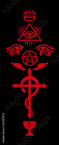 CRUX SERPENTINES: Crown, Eye of Providence, The Winged Serpent Cross, Black Pentagram and Holy Grail. (Mystical signs and Occult symbols of Illuminati and Freemasonry).