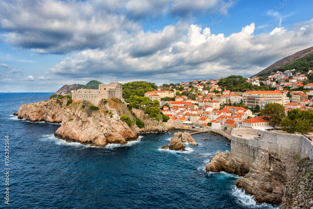 Dubrovnik medieval fortresses, Lovrijenac and Bokar, popular view from the ancient city wall. The world famous and most visited historic city of Croatia, UNESCO World Heritage site