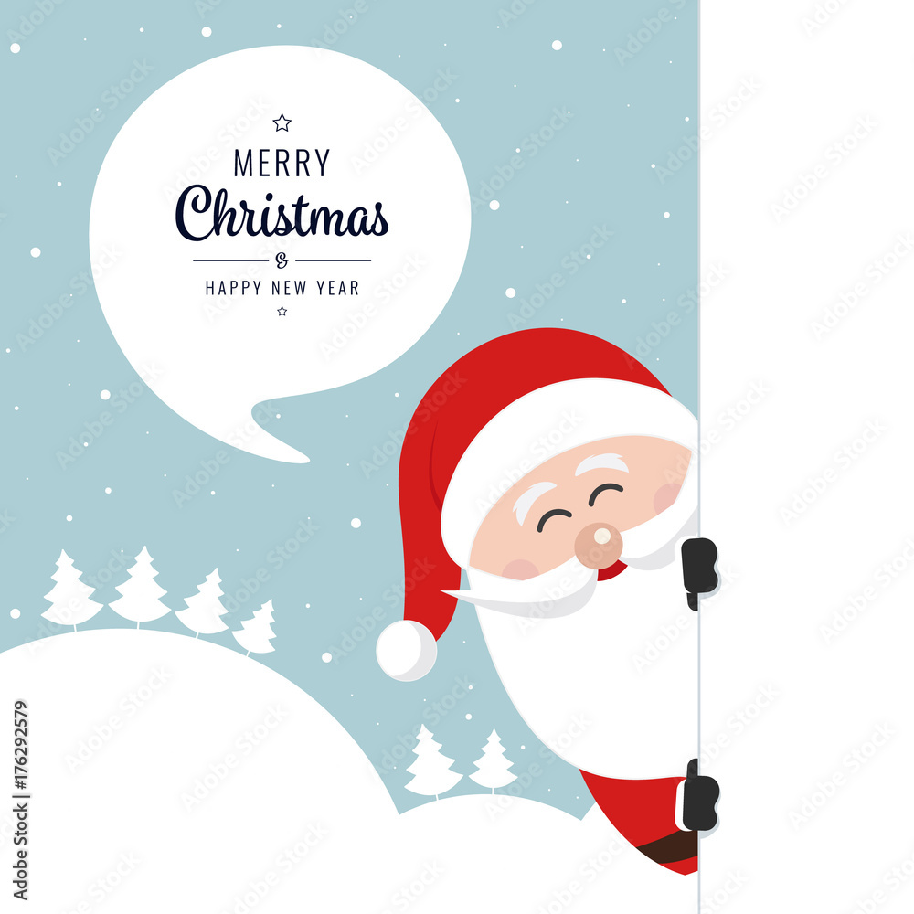 santa behind board merry christmas winter snow background santa behind board merry christmas winter snow background
