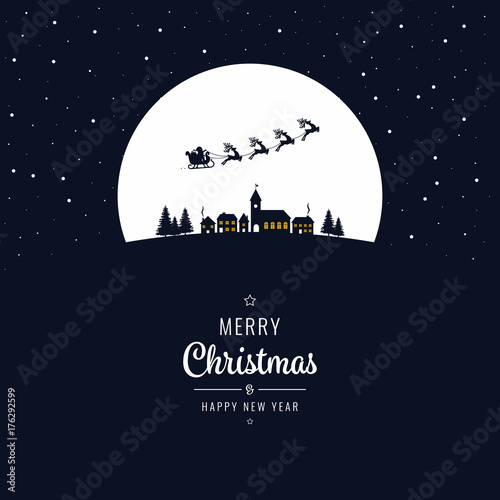 Santa sleigh flying into the winter village christmas night