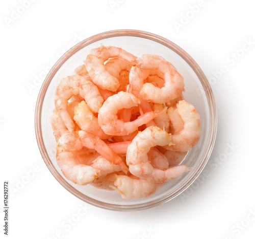 Top view of bowl with boiled peeled shrimps
