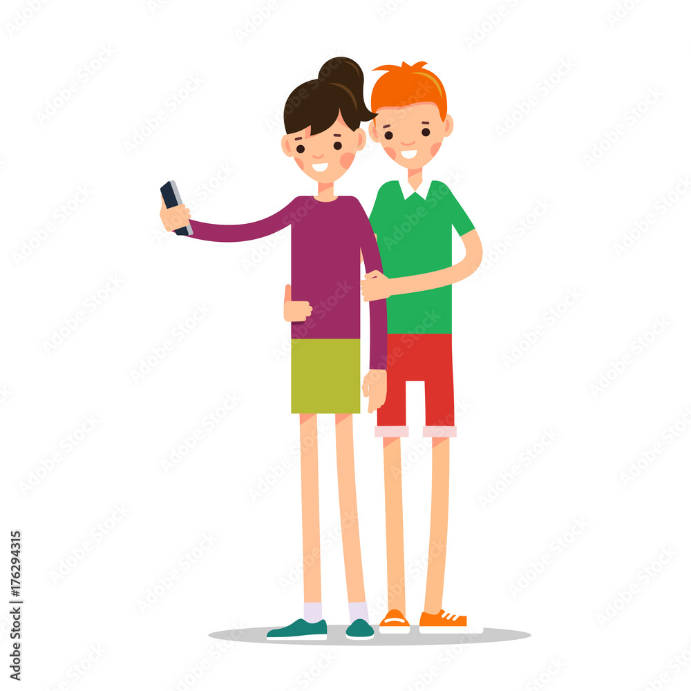 Boy and girl with mobile phone. Man and woman do selfie