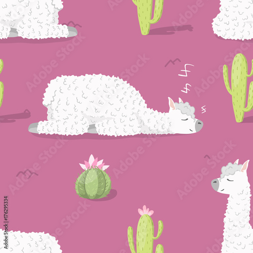 Seamless pattern with alpaca - south america's lama and cactus with flower. Vector illustration.