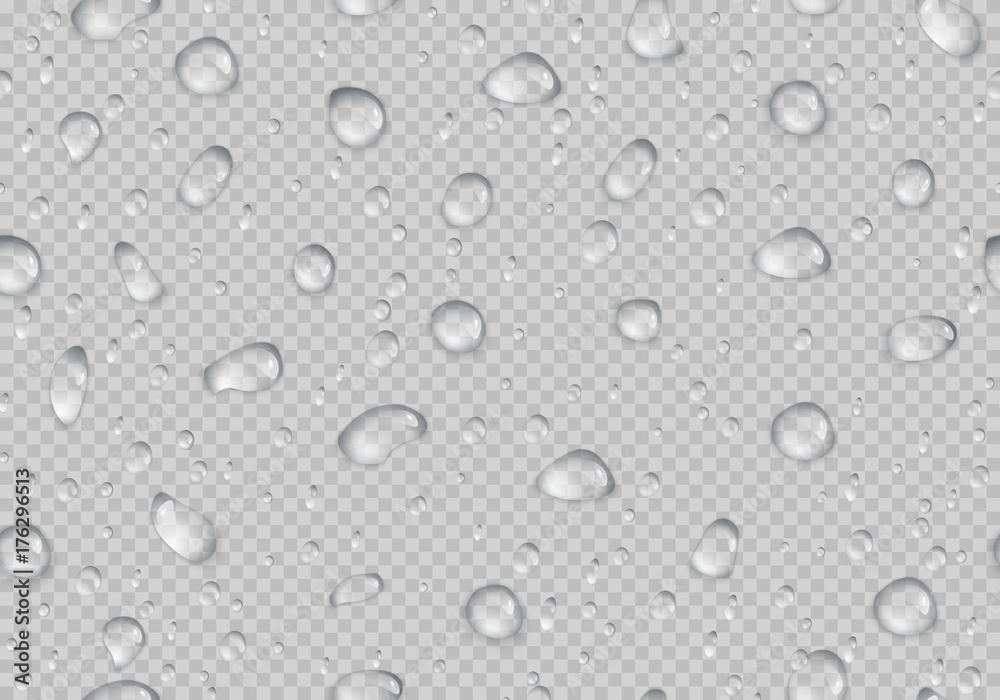 Rectangular background with translucent drops of water on a transparent backdrop. Seamless vector illustration with dew.