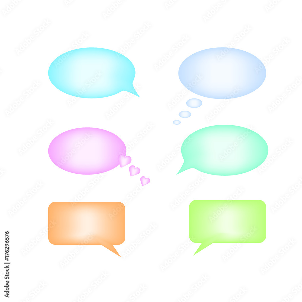 set of six  plastic pastel color speech bubbles think love and rounded square