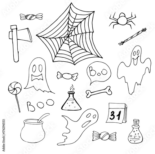 Halloween. Set ot hand drawn elements. Halloween decorations with pumpkin,  ghost etc. Vector Illustration Stock Vector | Adobe Stock