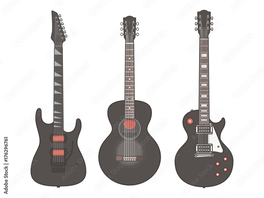 Obraz premium Acoustic and electric guitars set isolated on white background. Collection of stylized guitar, flat vector illustration