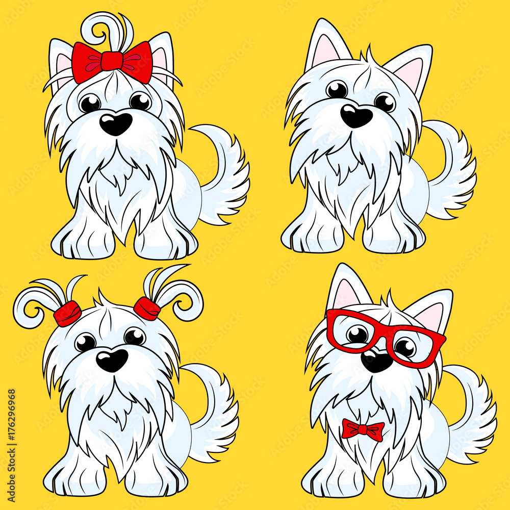 Set cartoon character yorkshire terrier dog poses. Sketch Funny dog Yorkshire terrier breed sitting. Hand drawing, vector illustration isolated on background Set cartoon character yorkshire terrier dog poses. Sketch Funny dog Yorkshire terrier breed sitting. Hand drawing, vector illustration isolated on background
