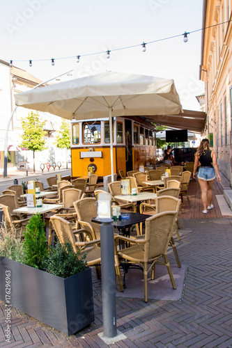 The old tram in Szeged, Hungary is now used as a street cafe