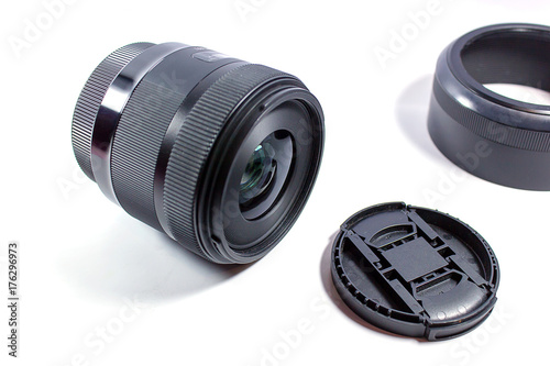 Close up of camera lens on a white background