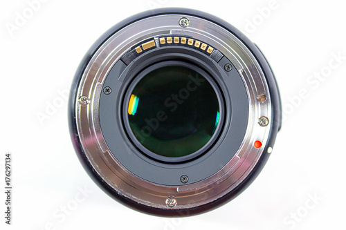 Close up of camera lens on a white background