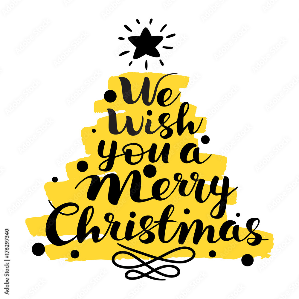We wish you a Merry Christmas text, lettering, hand writing. Calligraphy  text for greeting cards on yellow background. Stock Vector | Adobe Stock