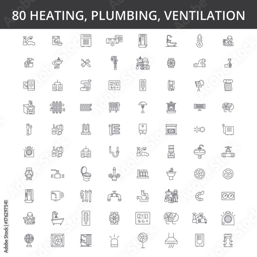 Hvac, heating, air conditioning, ventilation, plumbing service, boiler, home conditioner, engineering radiator line icons signs Illustration vector concept Editable strokes