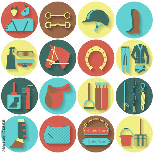 Set of 16 round flat vector icons with different horse and riding equipment