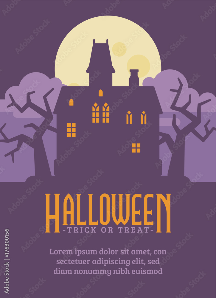 Halloween poster with abandoned gothic mansion. Haunted house flat illustration banner with text. Trick or treat. Dark fantasy background