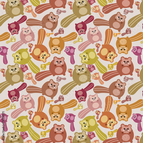 Crazy squirrel mess pattern. Pattern illustration of a Autumn kawaii mess of little cute squirrel with cat faces.  All this joy is needed for the celebration of Autumn’s arrival.