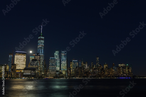 Full moon with Lower Manhattan and hudson river.  