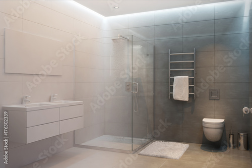 3d rendered interior of shower room turns into a real one