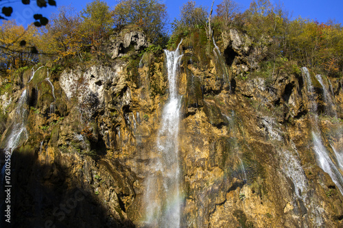 Autumn in Plitvice lakes national park in Croatia - big waterfall