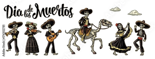 Dia de los Muertos. The skeleton in Mexican national costumes