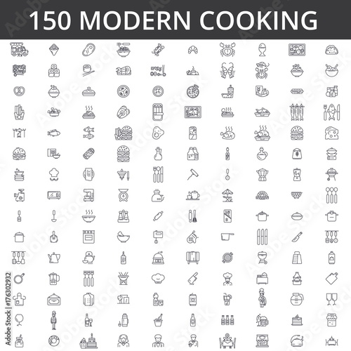 Cooking, kitchen, healthy food, cook, chef, preparation, home, restaurant, lunch dinner meal breakfast kitchenware line icons signs Illustration vector concept Editable strokes