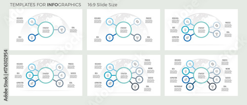 Business infographics. Organization charts with 3, 4, 5, 6, 7, 8 options, arrows. Vector templates.