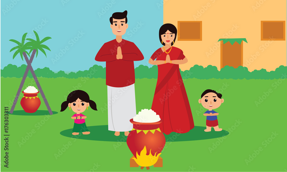 Happy Pongal celebration with sugarcane and pot of rice. Young couple offering prayers. Indian cultural festival celebration concept illustration vector. Stock Vector | Adobe Stock Happy Pongal celebration with sugarcane and pot of rice. Young couple offering prayers. Indian cultural festival celebration concept illustration vector. Stock Vector | Adobe Stock