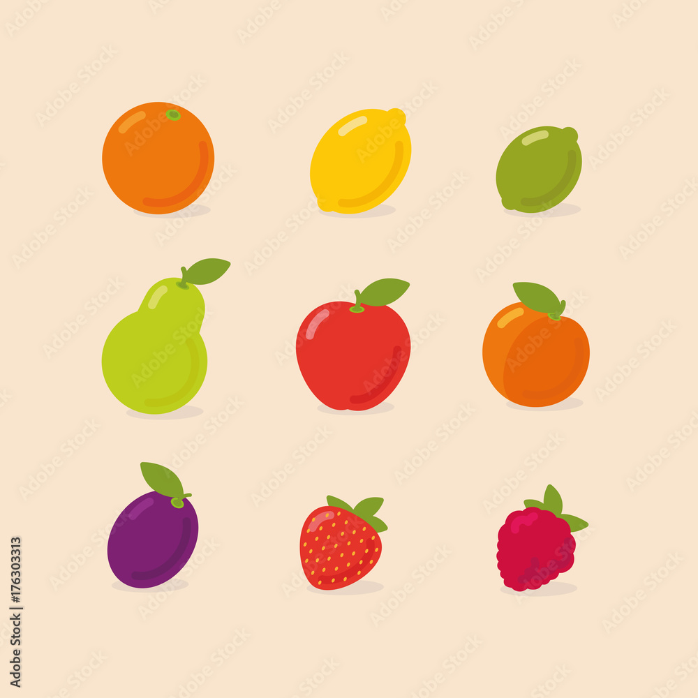 Set of fruits - orange, lemon, lime, pear, apple, apricot, plum, strawberry, raspberry Set of fruits - orange, lemon, lime, pear, apple, apricot, plum, strawberry, raspberry