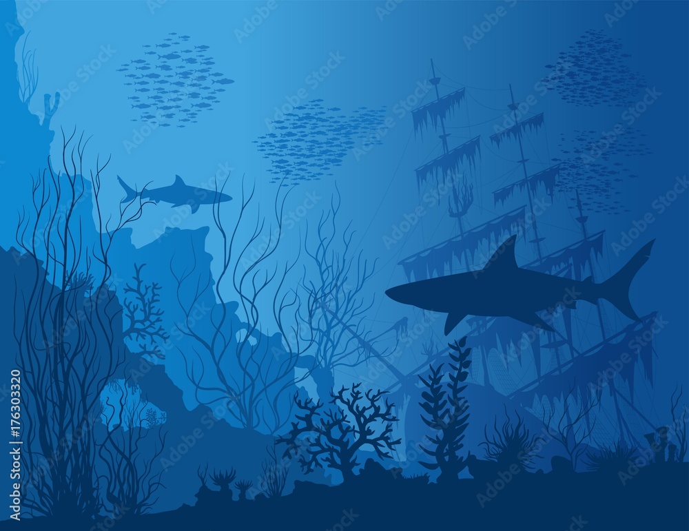 Obraz premium Niebieski podwodny krajobraz z zatopionym statkiem, rekinami i chwastami. Wektor ręcznie rysowane ilustracji.