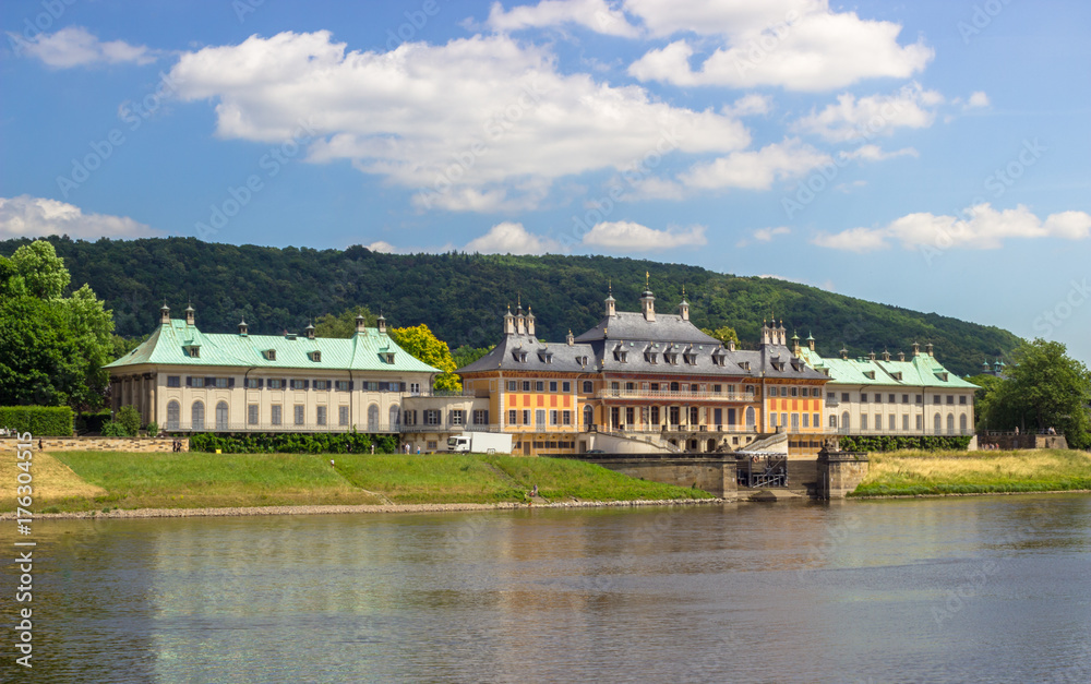 River Elbe with baroque Pillnitz palace, near Dresden, Saxony