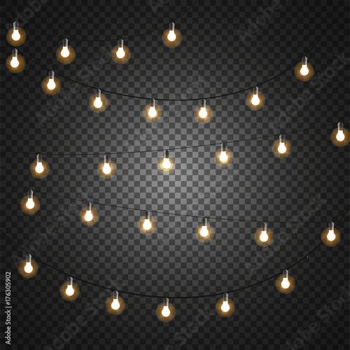 Christmas lights isolated on transparent background. Set of golden xmas glowing garland. Vector illustration
