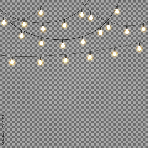 Christmas lights isolated on transparent background. Set of golden xmas glowing garland. Vector illustration
