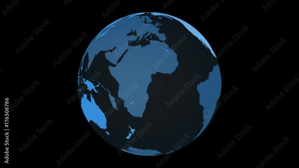 Spinning Planet Earth Globe in blue with transparent glass effect. Rotating 3D object. Footage with alpha channel background.