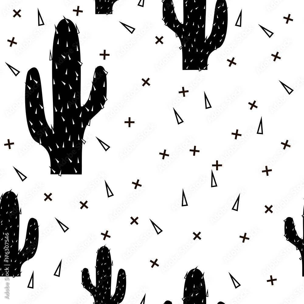 Seamless abstract modern black cactus pattern on white
