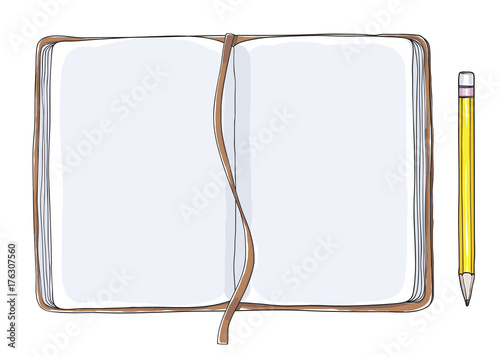 top view open  notebook and yellow pencil hand drawn  vector art illustration