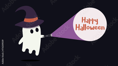 Cute ghost character with a witch hat just found the Happy Halloween message with his flashlight. Vector illustration