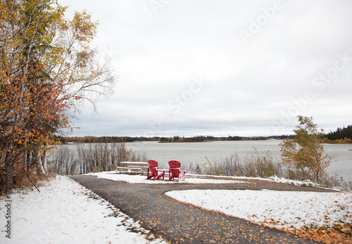 red chairs from Canada 150 overlook lake