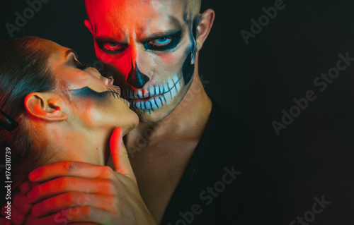 Kissing. Just one Halloween kiss. Halloween. Couple in love. Celebration. Adult. Nude. Sex.