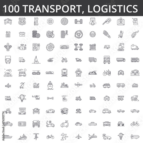 Transportation, car, logistics, vehicle, public transport, bus, tram, ship, shipping, auto service, truck line icons, signs. Illustration vector, concept. Editable strokes