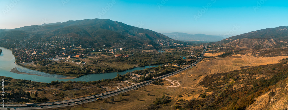 The Top View Of Mtskheta, Georgia, The Old Town Lies At The Confluence Of The Rivers Mtkvari And Aragvi.