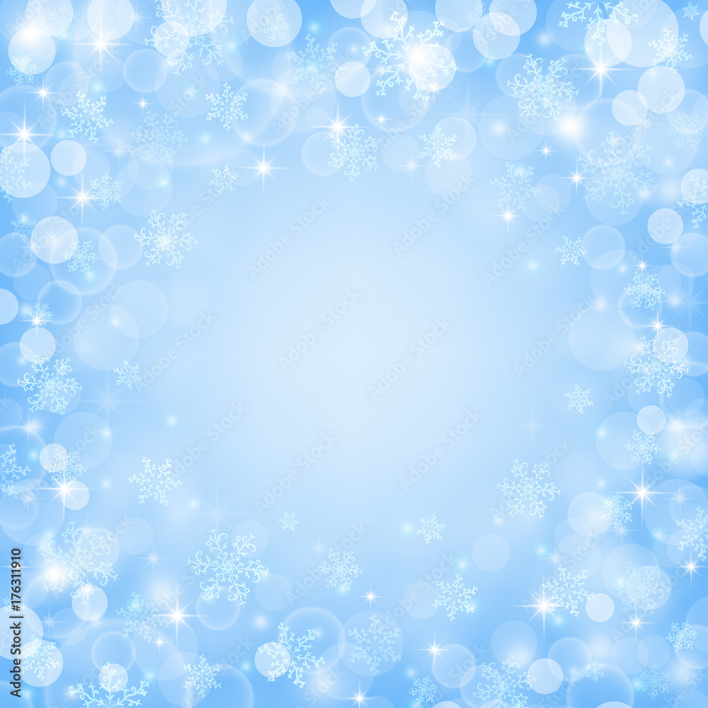 Magical winter background with with bokeh lights, stars, sparkles and beautiful snowflakes. Vector illustration.