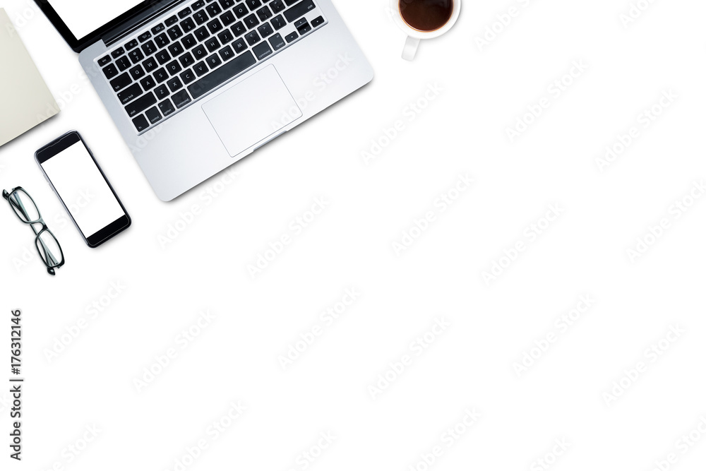 Top view, Working desk, computer, laptop, smart phone, coffee, mug, glasses  and notebooks on white background with copyspace for text. Stock-Foto |  Adobe Stock