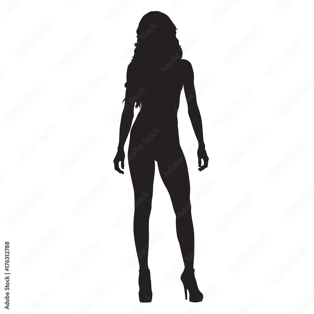 Standing slim sexy woman vector silhouette
