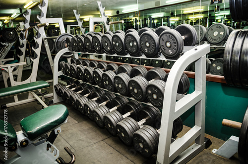 The rows of dumbbells at the gym