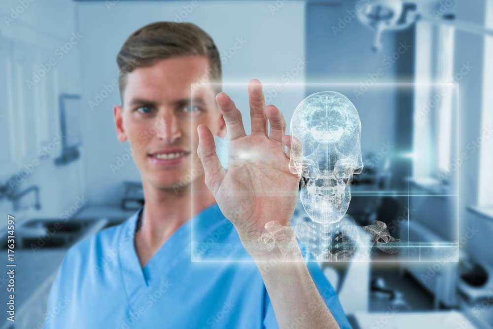 Fototapeta premium Composite image of happy male nurse touching invisible screen 3d