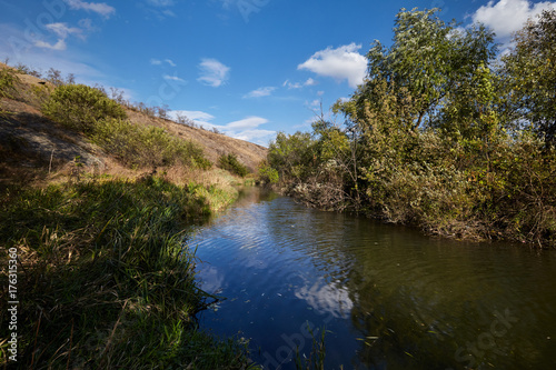 Early autumn landscape. Wild river flowing along the banks, densely overgrown with bushes and trees.