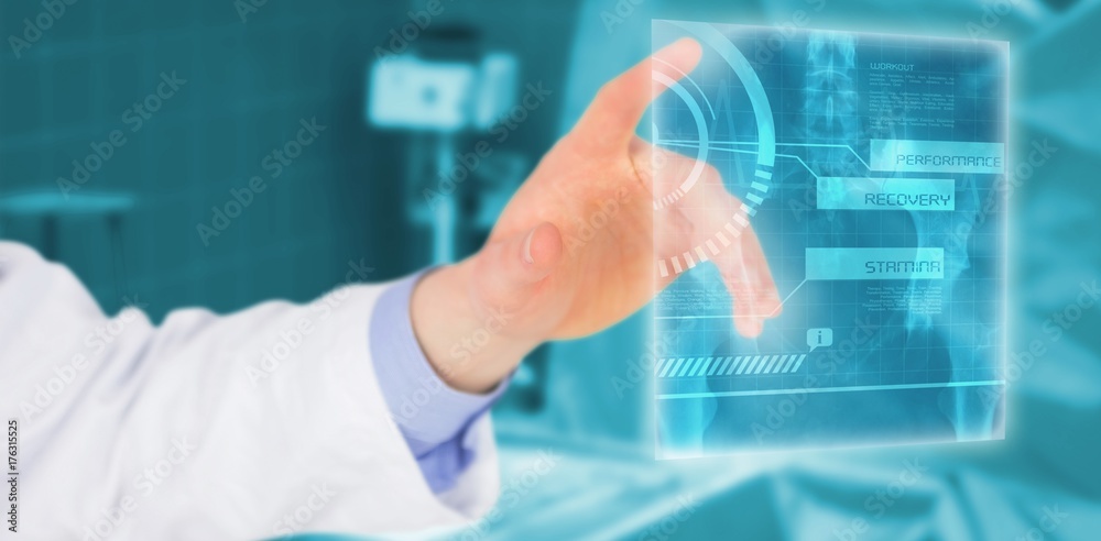 Composite image of cropped image of male doctor touching screen Composite image of cropped image of male doctor touching screen