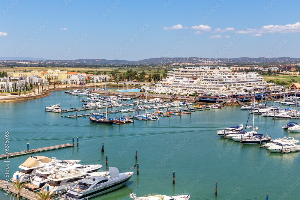 Aerial. View from the sky of marina and yacht Vilamoura. Algarve